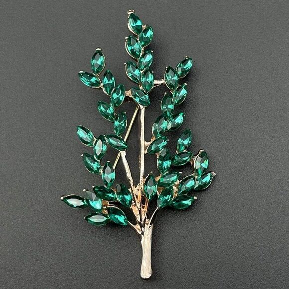 Rose Gold with Emerald Green Crystal Tree Branch with Leaves Pin Back Brooch - Picture 1 of 9